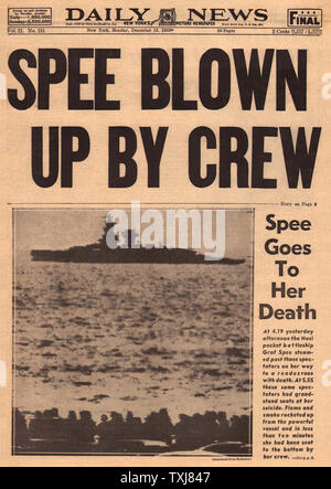 1939 Daily News (Nueva York) página frontal Graf Spee saboteado