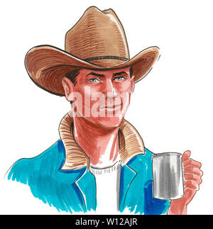 Carácter vaquero beber una taza de café. Tinta y Acuarela ilustración Foto de stock
