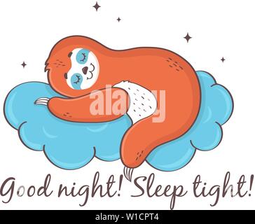 Pereza dormir en una nube. Buenas noches! Duerma bien!! Cute ilustración vectorial aislado sobre fondo blanco.