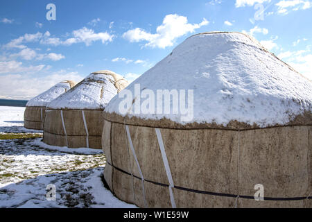 Yurts bajo la nieve en medio de un campo cubierto de nieve contra un cielo con nubes. Viajes Kirguistán.