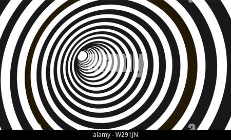 Geométrica espiral hipnótica. Rayas blancas y negras ilusión óptica ilustración. Wormhole forma patrón geométrico.