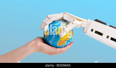 Humano y robot manos sosteniendo globo terrestre