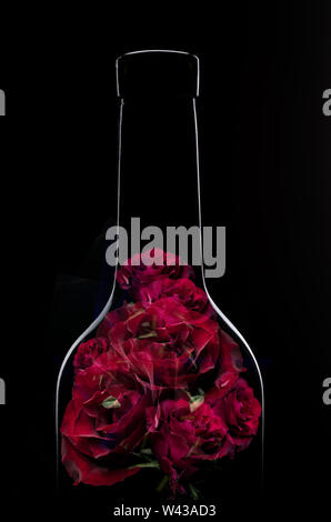 Collage de rosas rojas oscuras en la silueta de una botella de vino contra el fondo negro. Low-Key foto. Foto de stock