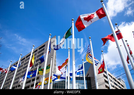Bandera canadiense y banderas provinciales y territoriales en Nathan Philips square en frente de Toronto City Hall. Foto de stock
