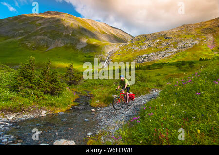 Un hombre monta su bicicleta de montaña en el valle de Palmer Road, cerca de esperanza, Alaska en un día soleado de verano, en el centro-sur de Alaska