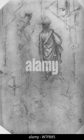 "Una figura drapeadas, estudios de maquinaria Etc.', C1480 (1945). Artista: Leonardo da Vinci. Foto de stock