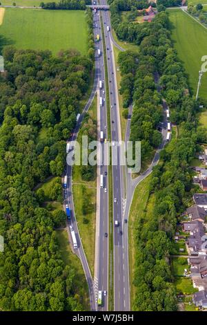 Vista aérea de la autopista, Zona de descanso zona de descanso An Der Landwehr, autopista A1, Werne, área de Ruhr, Renania del Norte-Westfalia, Alemania