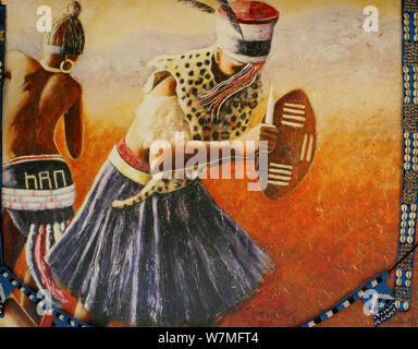 Pintura representando una boda zulú en Shakaland Zulu Aldea Cultural, de Eshowe, Kwazulu Natal, Sudáfrica Foto de stock