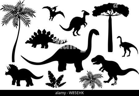 Conjunto de siluetas de dinosaurios de negro sobre un fondo blanco, el Estegosaurio, el Triceratops, el tiranosaurio, Brontosaurus, Pterodáctilo y otros