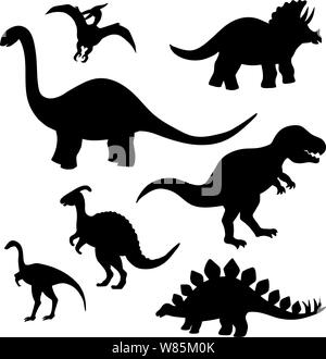 Conjunto de siluetas de dinosaurios de negro sobre un fondo blanco, el Estegosaurio, el Triceratops, el tiranosaurio, Brontosaurus, Pterodáctilo y otros