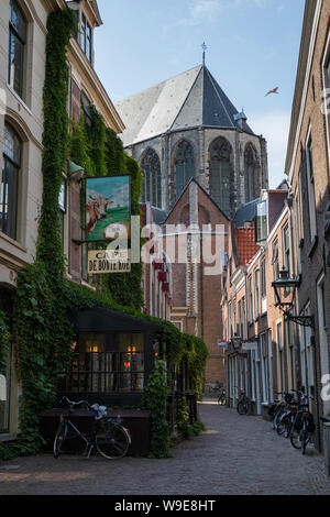 Leiden, Holanda - Julio 11, 2019: Alley con café llamado la vaca brindled y ver en el backsite Hooglandse de la iglesia en el centro de la ciudad Foto de stock