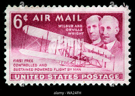 Wilbur Wright (1867-1912), Orville Wright (1871-1948), pioneros de la aviación, avion, sello, USA, 1949 Foto de stock