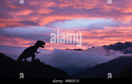 Silueta de un tiranosaurio rex al amanecer con niebla matutina y rosa sky en el cretácico era Foto de stock