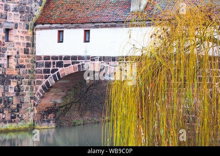 Icono vista de la ciudad de Nuremberg, Alemania, con paredes entramadas y el puente de Baviera Foto de stock