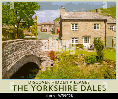 Póster de viajes a partir de una fotografía de la pintoresca aldea de Thwaite en Swaledale, Yorkshire Dales National Park, Inglaterra, Reino Unido. Foto de stock
