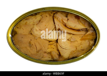 Abrir la lata de los filetes de atún en aceite de girasol. Aislado sobre fondo blanco. Foto de stock
