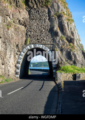 Arco negro túnel con desprendimientos, deslizamientos y protección neta Causeway Ruta Costera. Carretera Escénica a lo largo de la costa oriental del Condado de Antrim