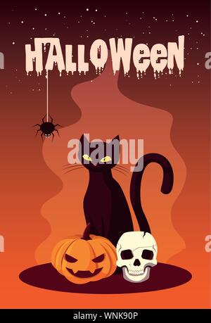 Póster de Halloween con cat y los iconos de diseño ilustración vectorial