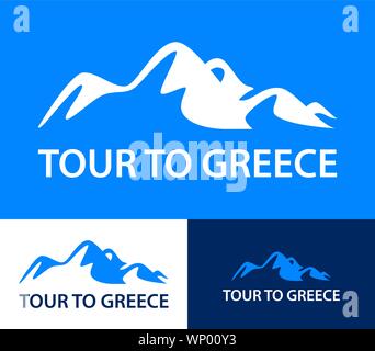 Conjunto de plantillas de logotipo para un tours a Grecia. Coloridas ilustraciones vectoriales en color azul con siluetas de las montañas y el texto de las inscripciones. Agradable col Ilustración del Vector
