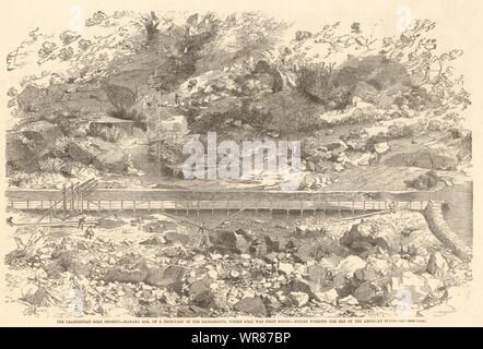 Distrito de oro californiana. Kanaha Bar. Mineros que trabajan en el American River 1852