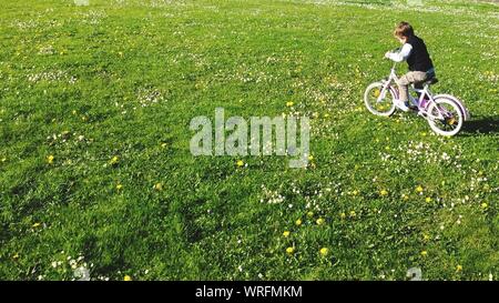 Un alto ángulo de visualización de Boy montando bicicleta en el parque de campo