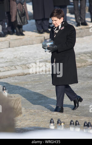 Auschwitz-Birkenau, Polonia - 27 de enero de 2017: 72 aniversario de la liberación de Auschwitz. El Primer Ministro Beata Szydlo en el monumento. Foto de stock