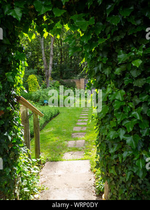 El Physic Garden en Chenies Manor en una tarde de verano. Una hiedra keyhole lleva la mirada a lo largo del camino pavimentado en el recinto amurallado del jardín de hierbas. Foto de stock