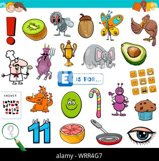 Ilustración de dibujos animados de encontrar la imagen que empiezan con la letra  E tarea educativa hoja para niños Imagen Vector de stock - Alamy