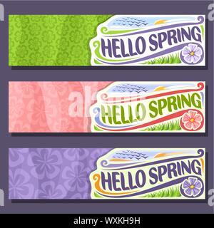 Vector conjunto de banners horizontales para la temporada de primavera: 3 diseños con fondo floral, flores plantillas con texto - hola primavera, primavera flyers wi
