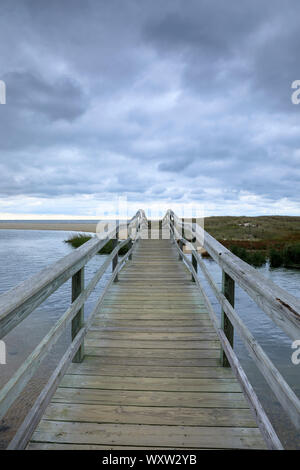 El camino por delante - pasarela de madera pasarela en Ridgevale Playa, Nantucket Sound, en Cape Cod, Nueva Inglaterra, EE.UU. Foto de stock