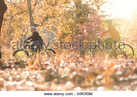 Chico y chica andando en bicicleta en hojas de otoño