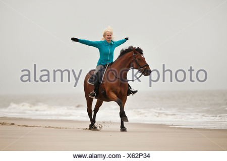 Mujer caballo freehand en un andaluz half-breed castrado, vistiendo un inglés, en la playa de herradura de Borkum, Baja Sajonia
