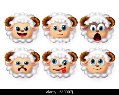 Face à l'agneau émoticône vector set. Emoji et émoticone d'adorables moutons Agneau dans les cheveux bouclés avec triste et expressions surprise isolé en fond blanc. Illustration de Vecteur