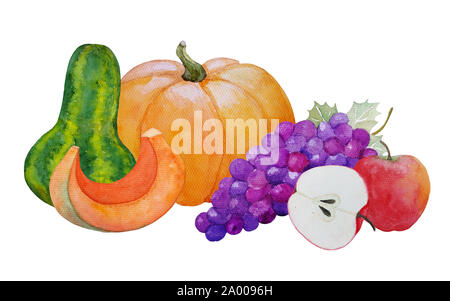 Aquarelle composition d'automne avec les potirons, les pommes et le raisin, peinte à l'illustration de l'action de grâce ou de l'automne fête des vendanges design Banque D'Images