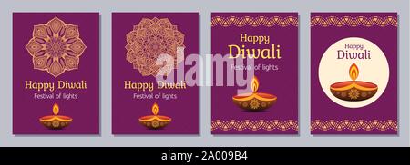 Série de dépliants, affiches, bannières, affiches, conception de la brochure des modèles pour la journée de célébration du Diwali, Happy Diwali festival. Cartes verticales avec des mandalas. Illustration de Vecteur