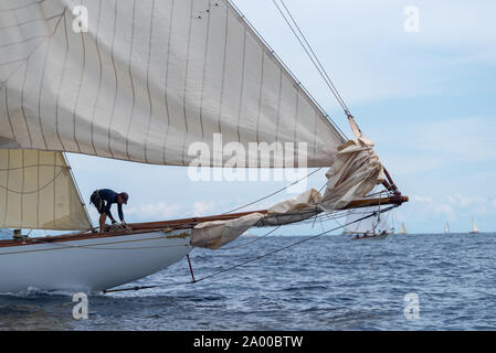 Imperia, Italie - 7 septembre 2019 : les membres d'équipage sur voilier Tuiga, vaisseau amiral du Yacht Club de Monaco, au cours de compétition au Golfe de La Spezia. Établir Banque D'Images