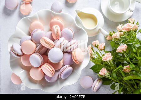 Close-up of French macarons sur un stand de gâteau en porcelaine et d'autres sur une table en béton blanc avec bouquet de fleurs fraîches, tasse de café et creamer, cuve Banque D'Images
