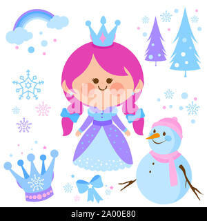 Jolie princesse des neiges, un bonhomme de neige et une collection d'hiver. Conte de fées de saison d'hiver avec fille mignonne dans la glace. Banque D'Images