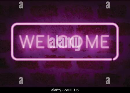 Bienvenue au néon. Signe éclatant sur le mur de brique Illustration de Vecteur