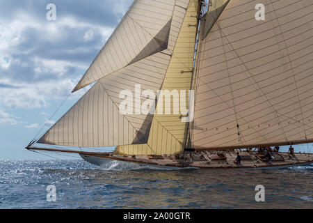 Imperia, Italie - 7 septembre 2019 : Le voilier Tuiga, vaisseau amiral du Yacht Club de Monaco, au cours de compétition au Golfe de La Spezia. Créé en 1986, le Banque D'Images