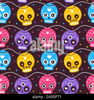 Mexicaines colorées mignon dia de los muertos maison de vacances vecteur transparente motif de fond illustration avec des crânes et des confettis Illustration de Vecteur