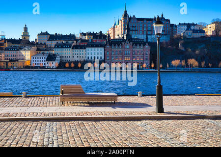 Vue depuis l'île de Riddarholmen partout à Riddarfjarden Soder Malarstrand un front de rue à Södermalm, Stockholm, Suède Banque D'Images