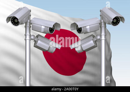 Groupe de caméras vidéo sur fond de drapeau de Japon. Le rendu 3D Banque D'Images