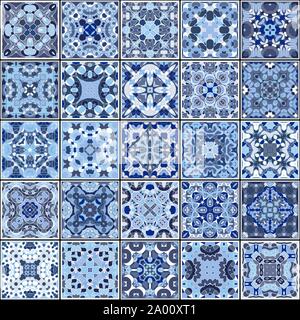 Une collection de carreaux de céramique dans le bleu. Un ensemble de modèles de carrés dans un style oriental. Vector illustration. Illustration de Vecteur