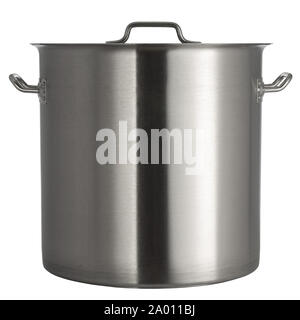 Casserole avec couvercle en acier inoxydable sur un fond blanc. Banque D'Images