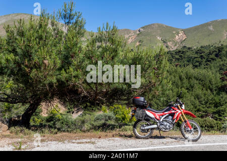 Une moto enduro rouge sur le côté gauche de la route, la forêt est à l'arrière-plan et se tient sur la masse d'asphalte Banque D'Images