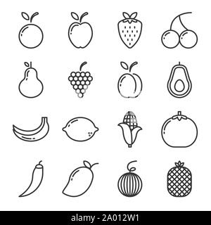 Icon Set fruits avec style contour isolé sur fond blanc. vector Illustration de Vecteur