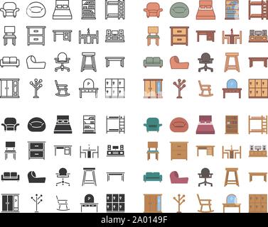 Icon Set meubles. quatre styles en un. ligne, Glyph, contours remplis et styles télévision Illustration de Vecteur