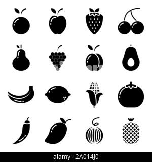 Icon Set fruits avec solid black isolé sur fond blanc. vector Illustration de Vecteur