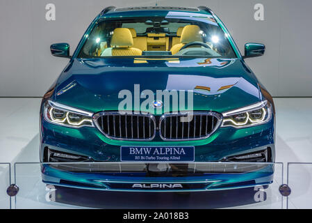 Francfort, Allemagne - Sept 2019 : vert émeraude BMW ALPINA B5 BI-TURBO TOURING F310G31, IAA International Motor Show Salon International de l'auto. Banque D'Images